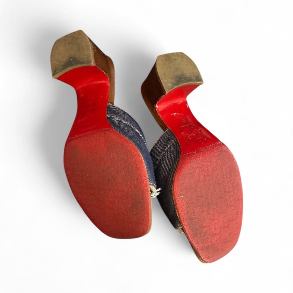 Christian Louboutin Denim Blue Open-Toe Wedge Sandals with Red Heel Accent - Picture 11 of 11